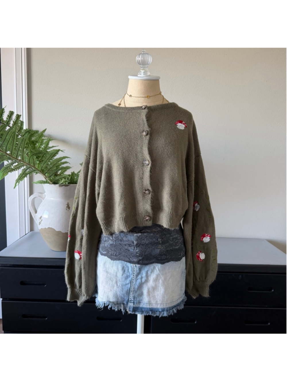 Olive Green Mushroom Embroidered Cozy Cardigan – S/M Waist Length